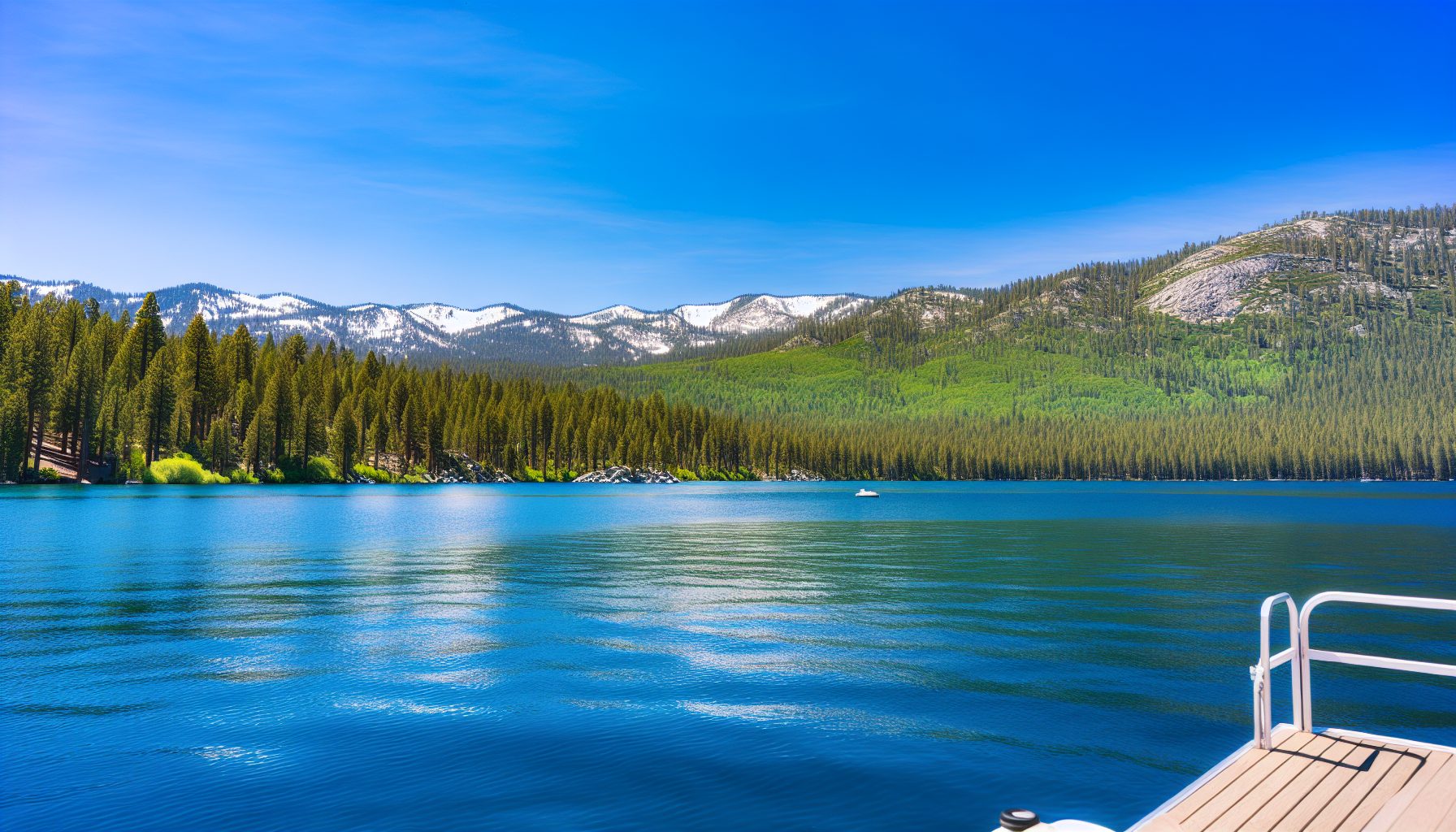 A panoramic view of Lake Tahoe from a pontoon boat